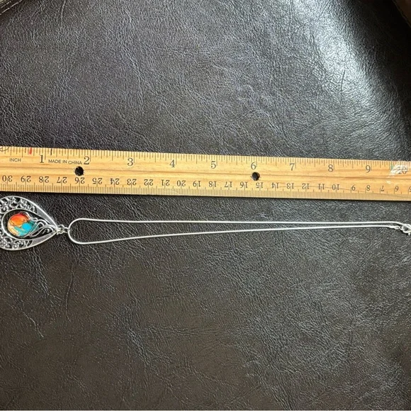 Silver and Turquoise Mosiac Teardrop Pendant Necklace. NWT - Picture 4 of 5